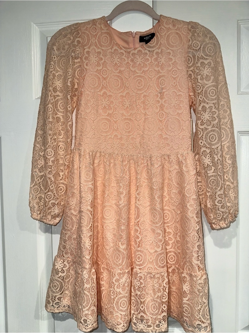 Aqua Peach Lace Puff-Sleeve Party Dress